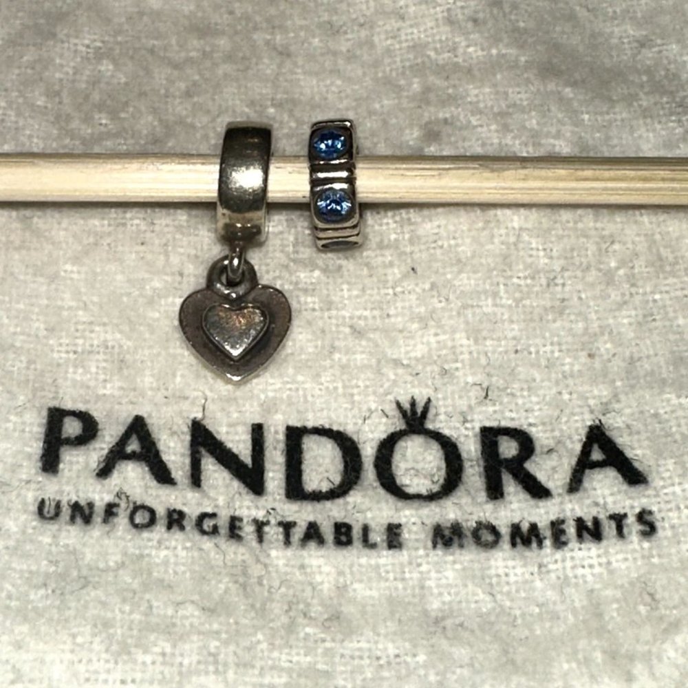 (2) Authentic Pandora Charm Spacers Blue CZ Stones Dangle Heart Sliver 925 ALE